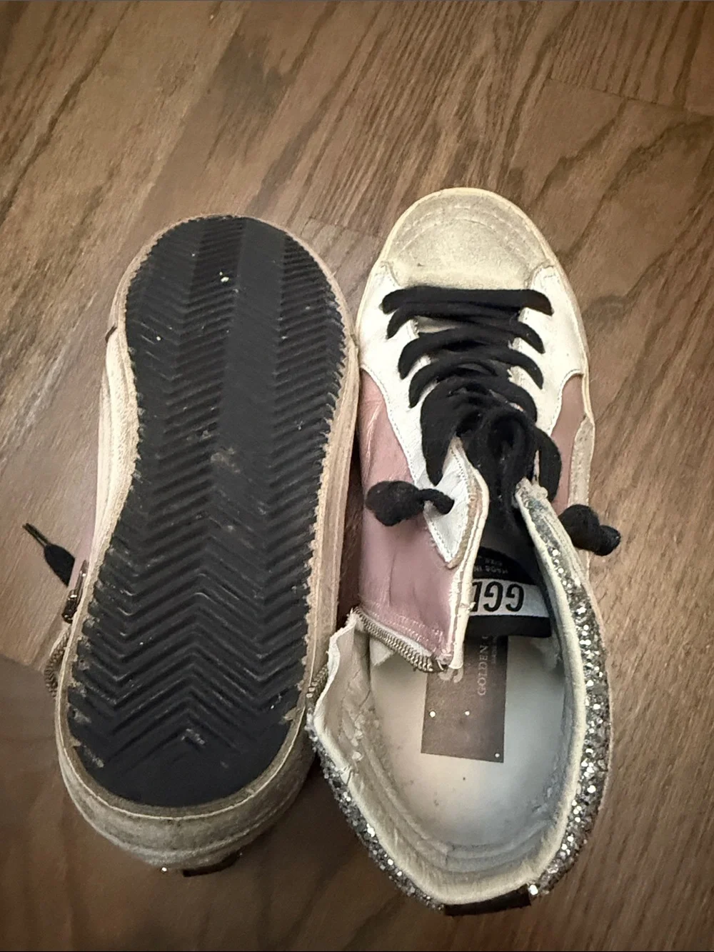 Golden Goose Pink, White & Black High-Top Sneakers with Glitter Heel - Picture 5 of 6